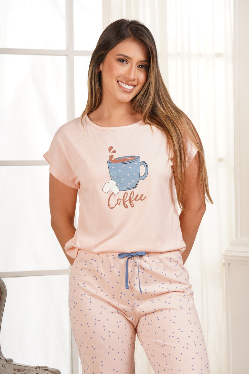 Pijama mujer manga corta y pantalón coffee