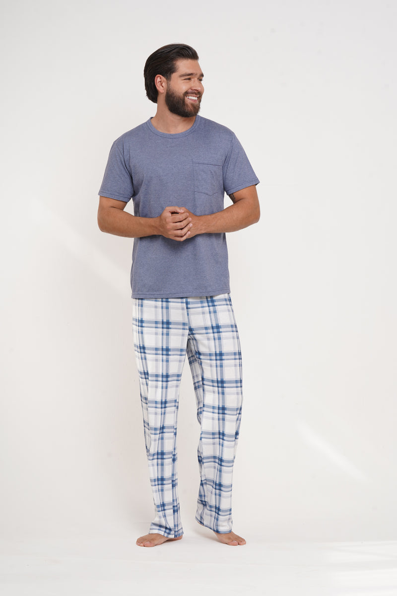 Pijama Hombre manga corta y pantalón cuadros y bolsillo