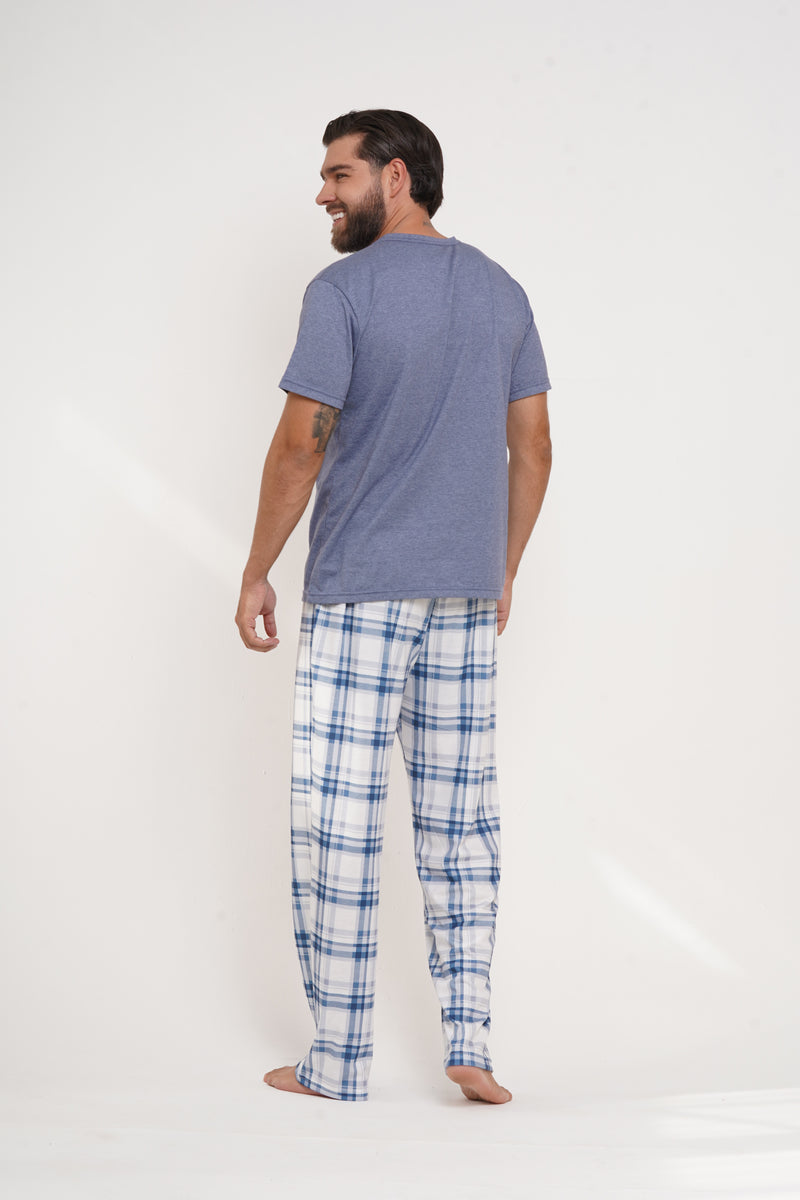 Pijama Hombre manga corta y pantalón cuadros y bolsillo