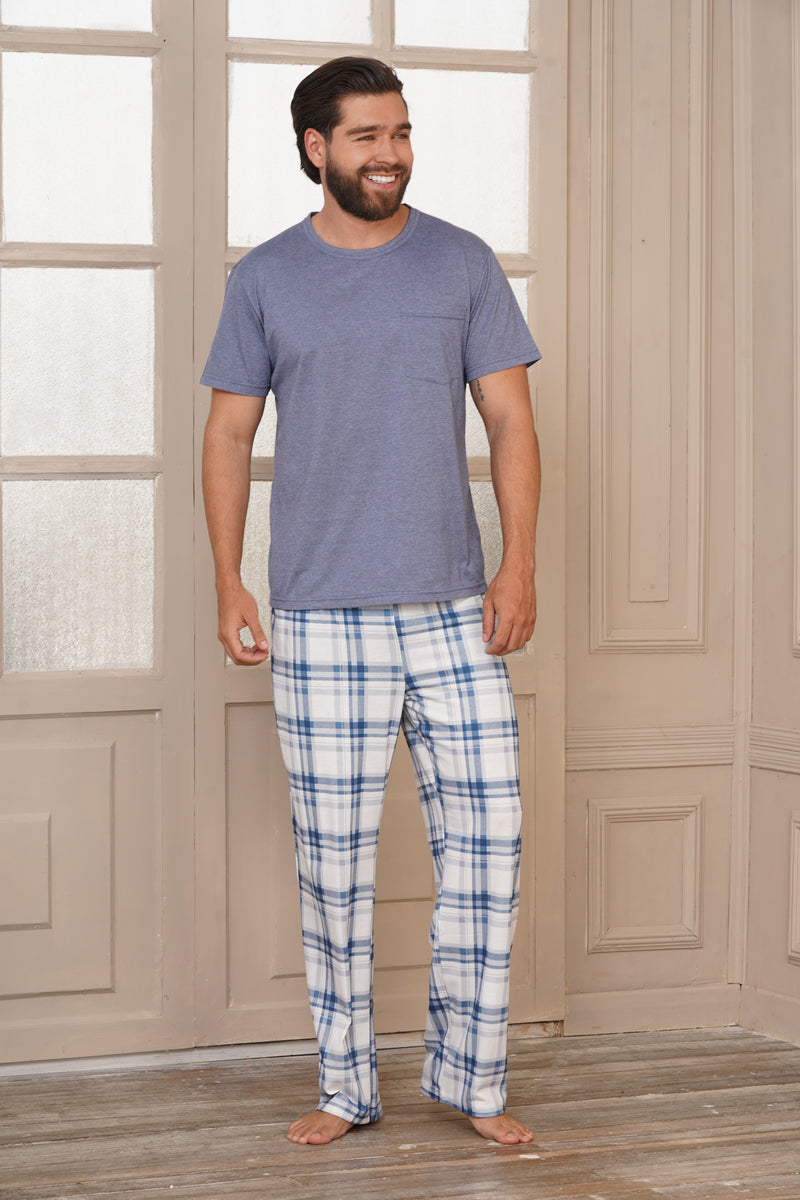 Pijama Hombre manga corta y pantalón cuadros y bolsillo