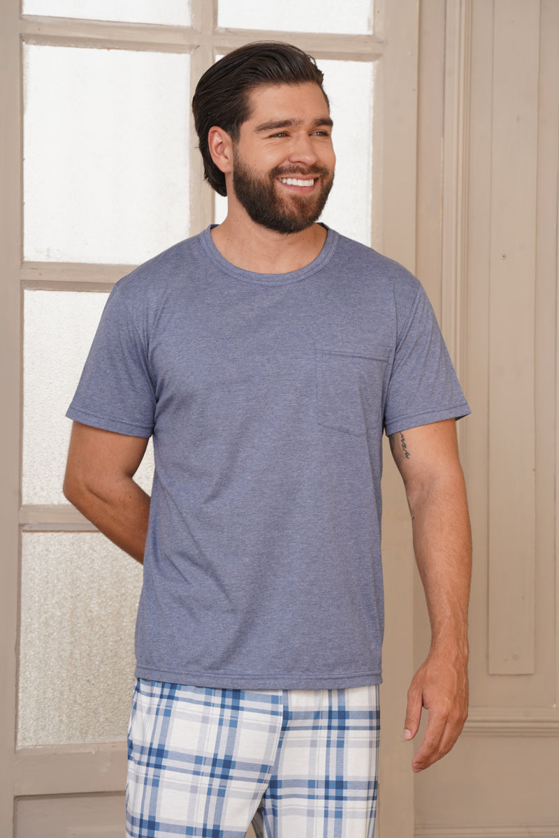 Pijama Hombre manga corta y pantalón cuadros y bolsillo