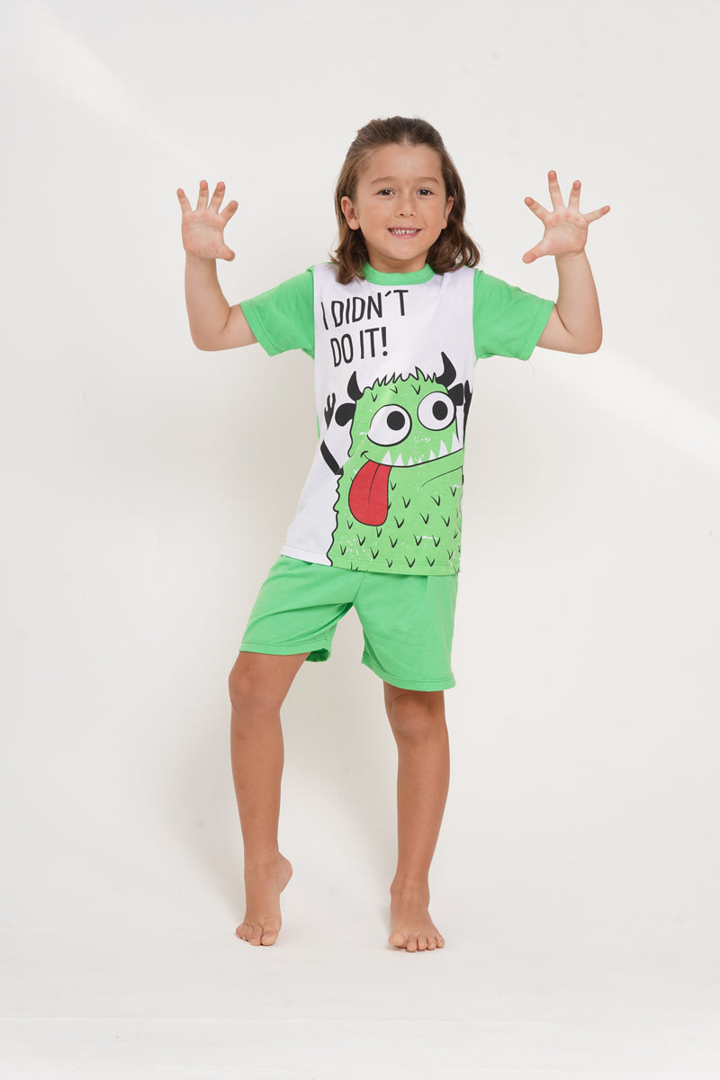 Pijama para niño set manga corta y bermuda monstruo verde